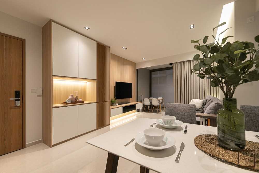 Contemporary Living Room with Homogeneous Tiles and TV Console