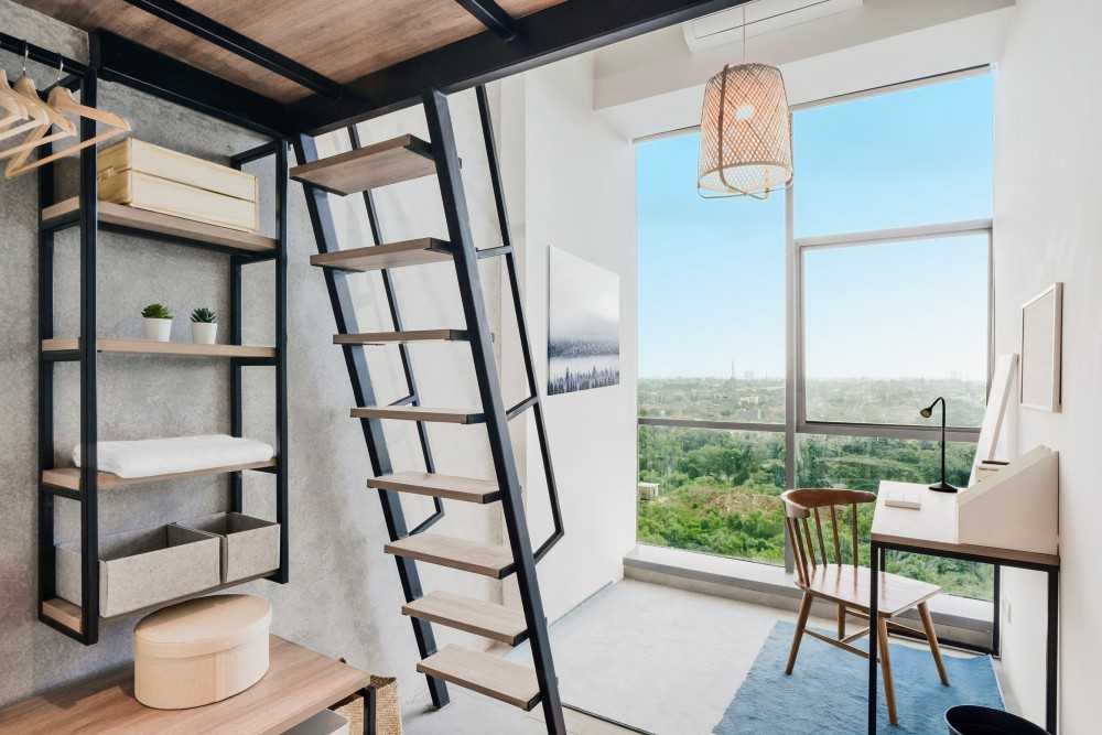 Industrial Living Room with Bookshelf and Wardrobe