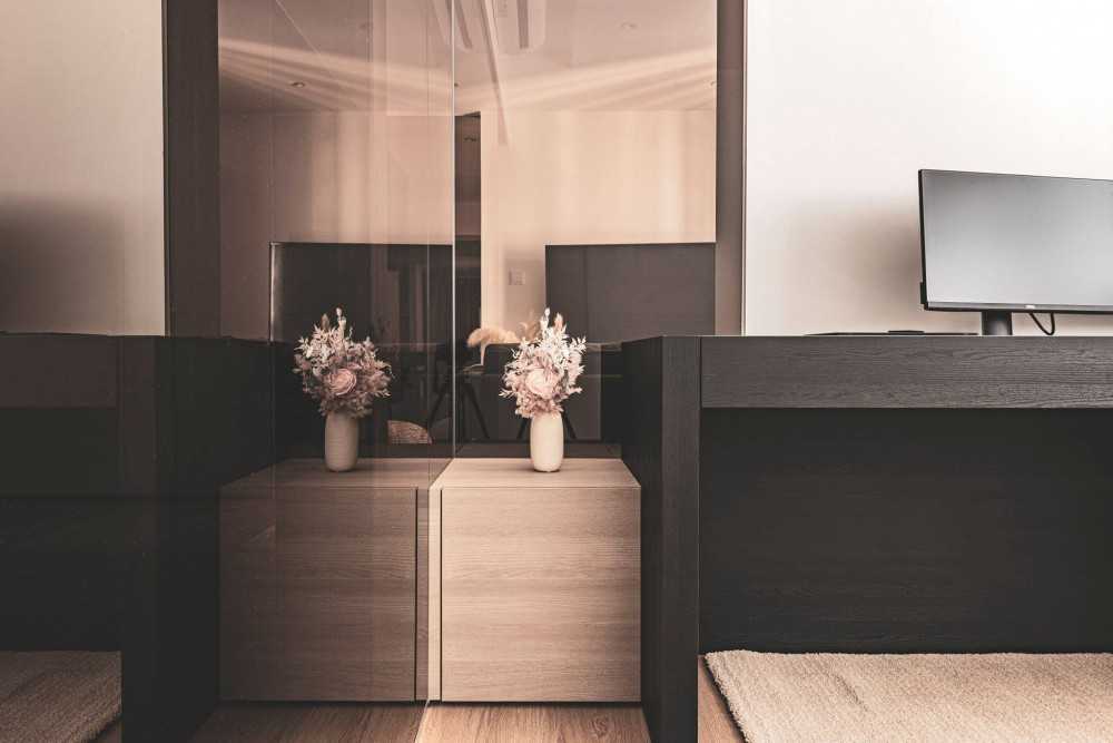 Contemporary Bedroom with Parquet Floor and Cement Floor