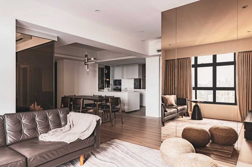 Contemporary Living Room with Herringbone Tiling and Cement Floor