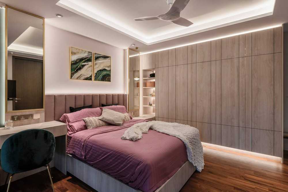 Contemporary Bedroom with Wood Flooring and Cove Lighting