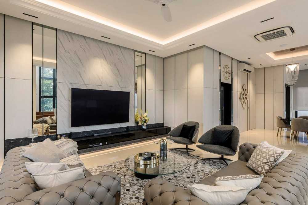 Contemporary Living Room with Vinyl Flooring and Herringbone Tiling