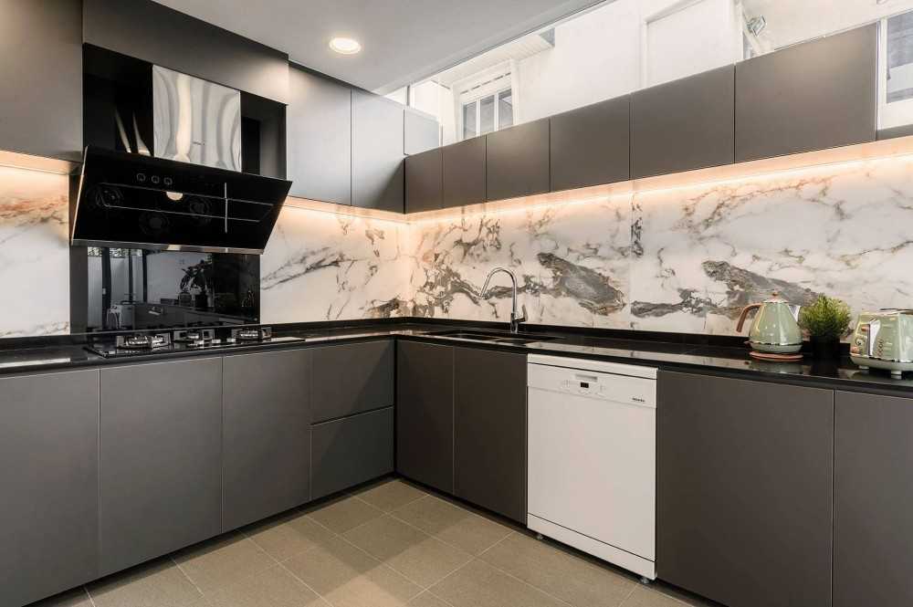 Contemporary Kitchen with Granite Floor and Wood Flooring