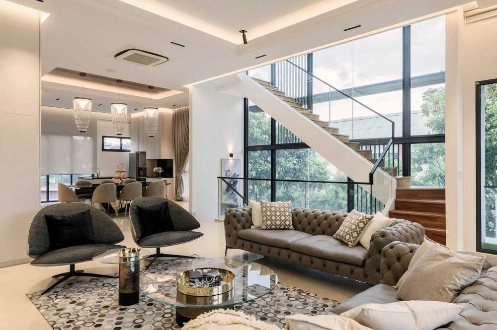 Contemporary Living Room with Herringbone Tiling and Cement Floor
