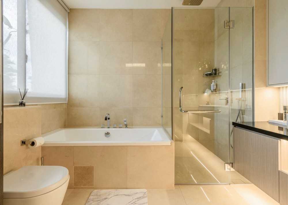 Contemporary Bathroom with Wood Flooring and Mirror