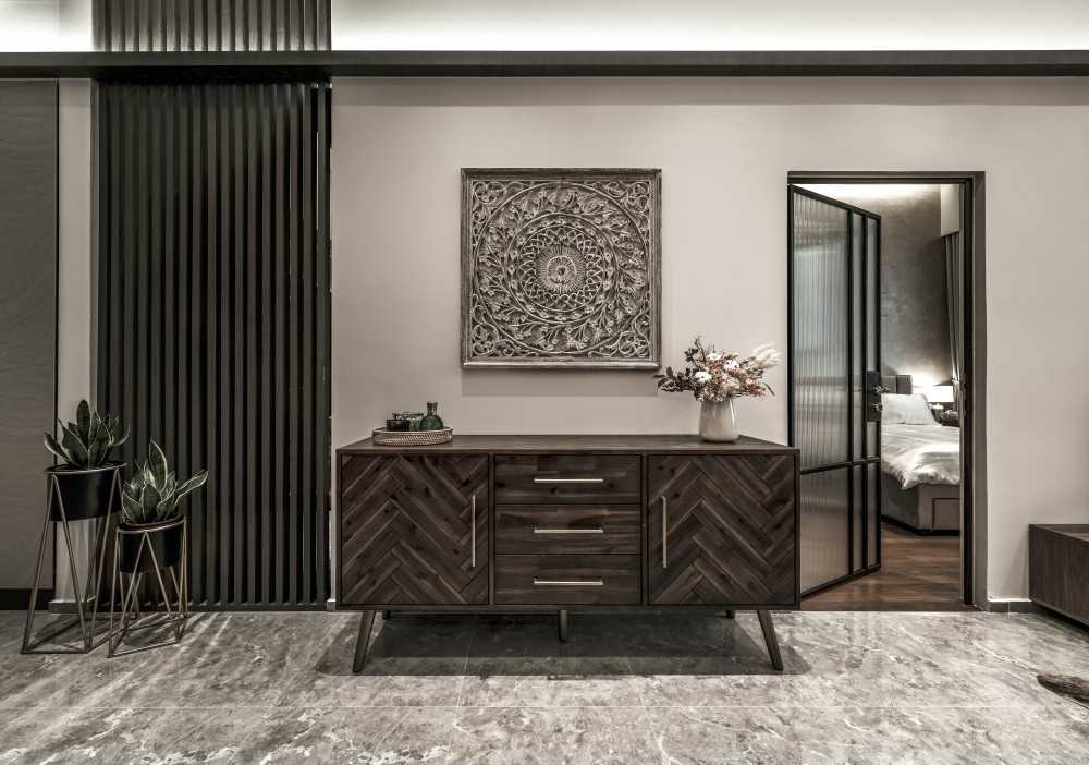 Contemporary Living Room with Storage Cabinets and Doors