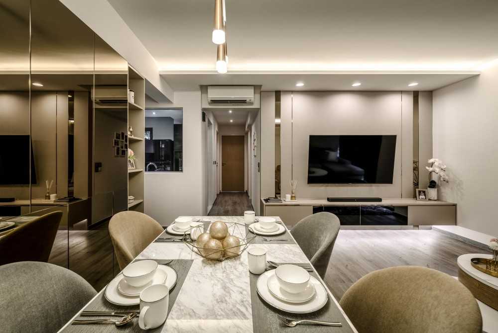 Contemporary Living Room with TV Console and Dining Table