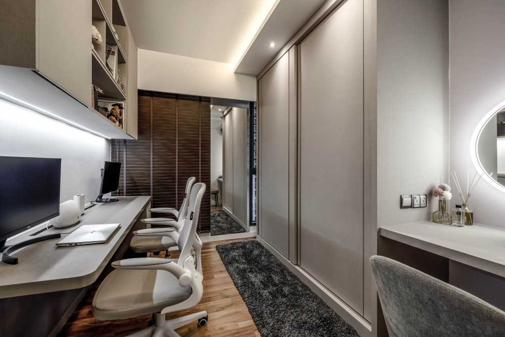 Contemporary Home Office with Desk Chairs and Computer
