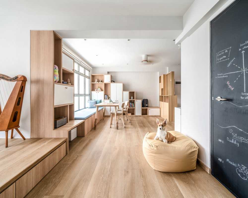 Scandinavian Living Room with Vinyl Flooring and Feature Wall