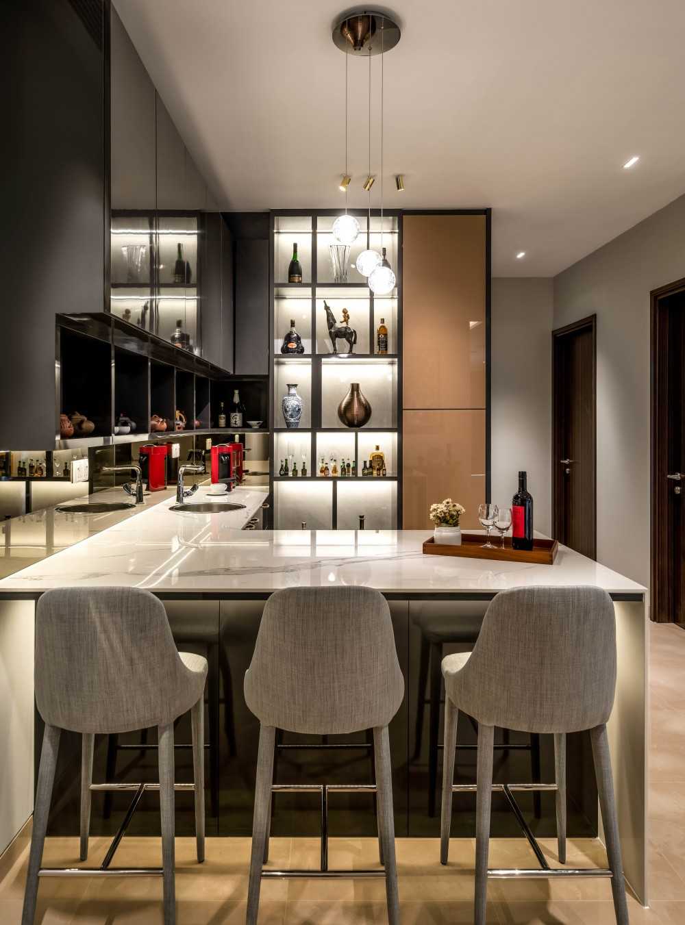 Contemporary Living Room with Bar Counter and Bar Stool