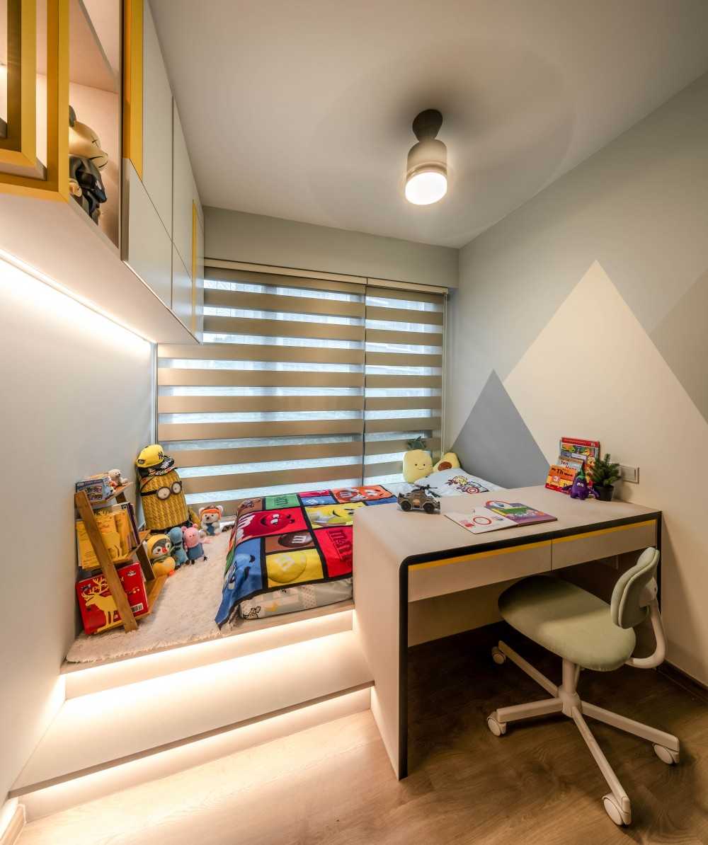Scandinavian Kids Room with Platform Bed and Children's Beds
