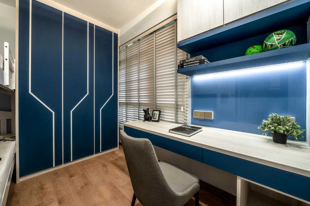 Modern Bedroom with Bookshelf and Lighting