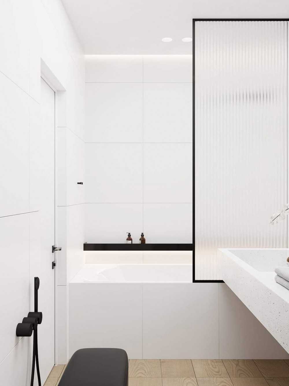 Contemporary Bathroom with Homogeneous Tiles and Wood Flooring