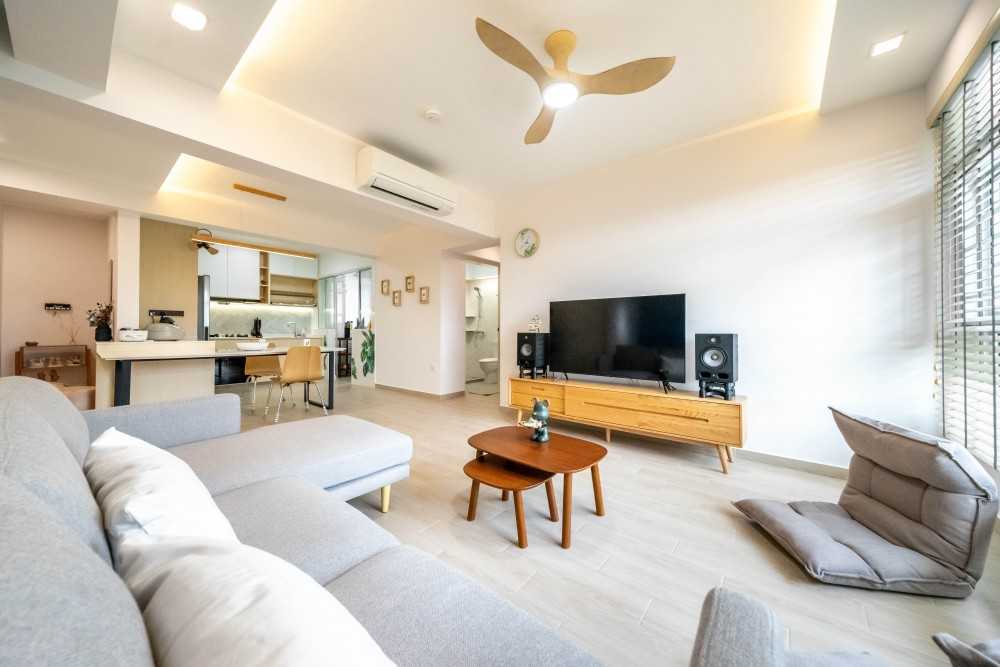 Scandinavian Living Room with Vinyl Flooring and TV Console