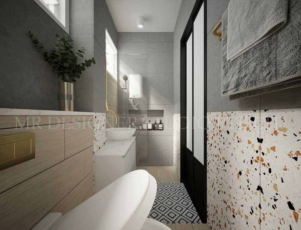 Eclectic Bathroom with Homogeneous Tiles and Herringbone Tiling