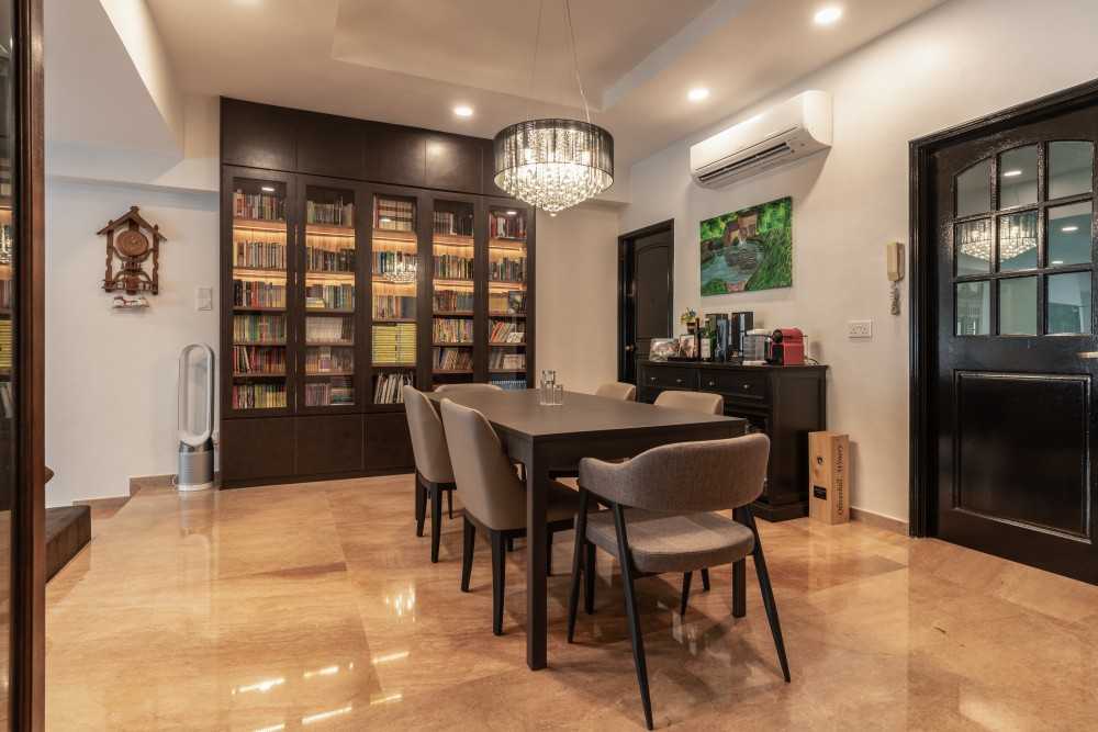 Asian Dining Room with Drop Ceiling and Chandelier