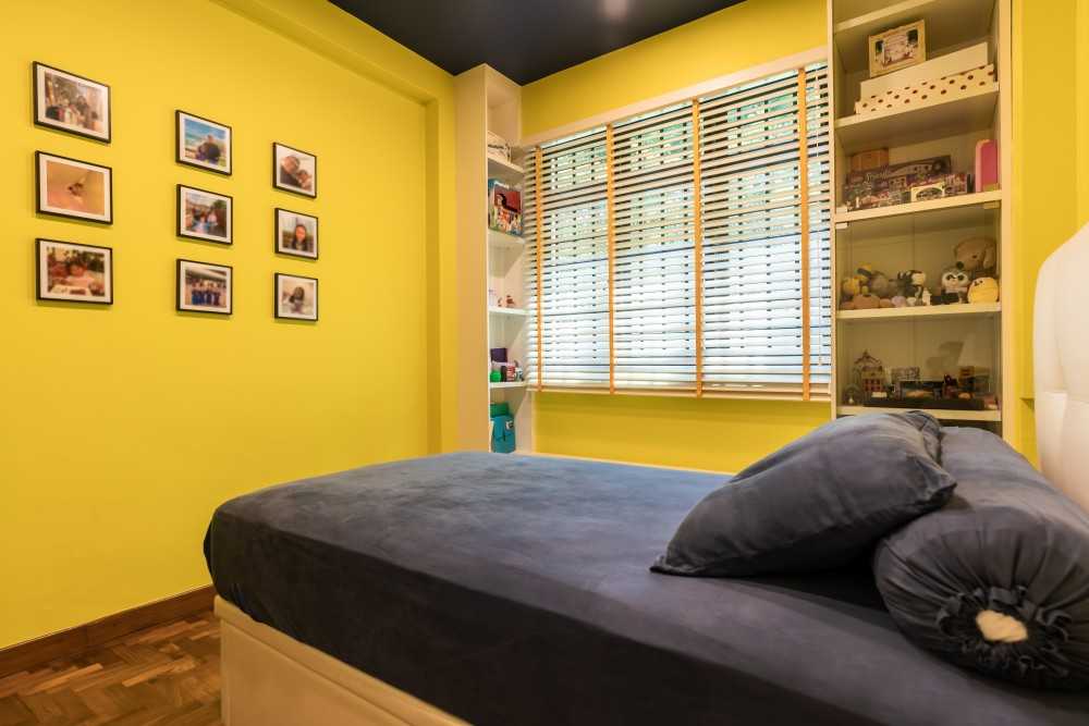 Asian Bedroom with Parquet Floor and Bookcases