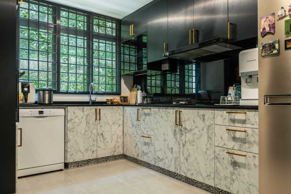 Asian Kitchen with Countertop and Window Grille