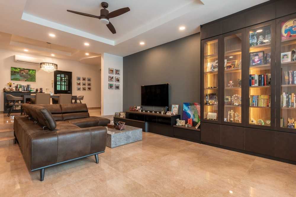 Asian Living Room with Homogeneous Tiles and TV Console