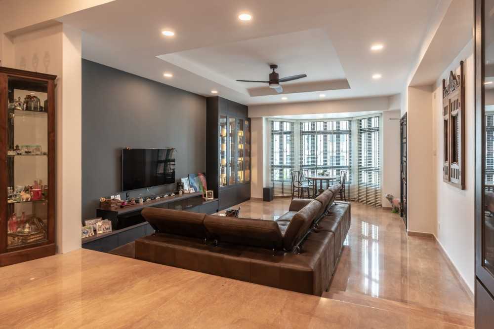 Asian Living Room with Homogeneous Tiles and TV Console