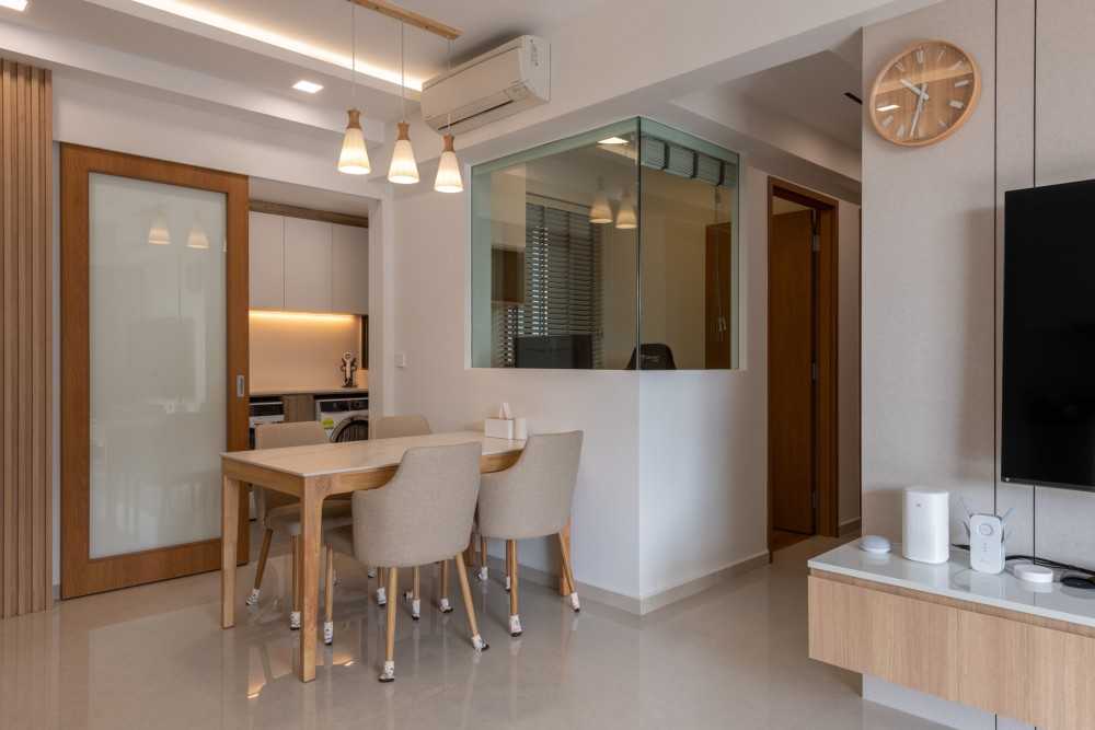 Contemporary Dining Room with Chandelier and Seating Bench