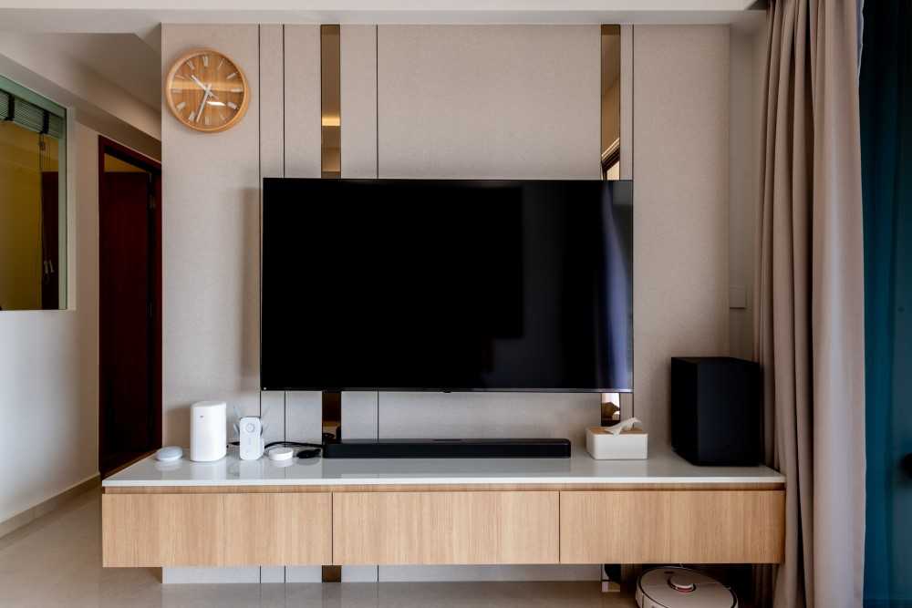 Contemporary Living Room with TV Console and Drop Ceiling