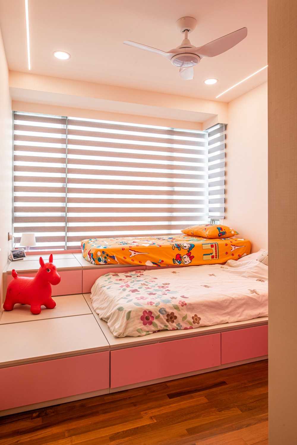 Eclectic Kids Room with Platform Bed and Built-in Bed