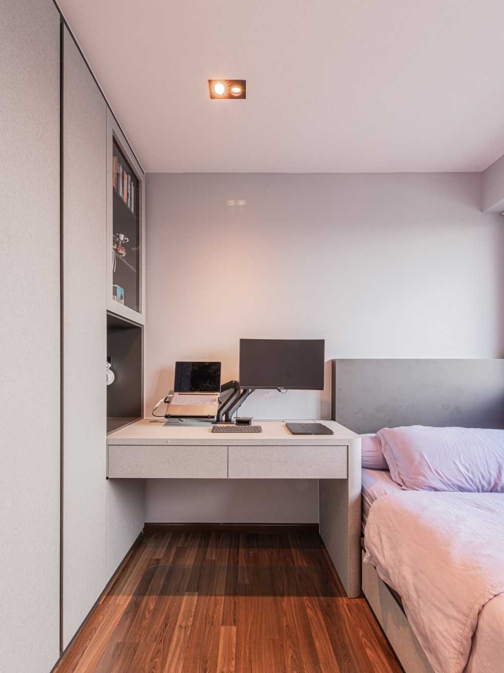 Contemporary Bedroom with Bookshelf and Platform Bed