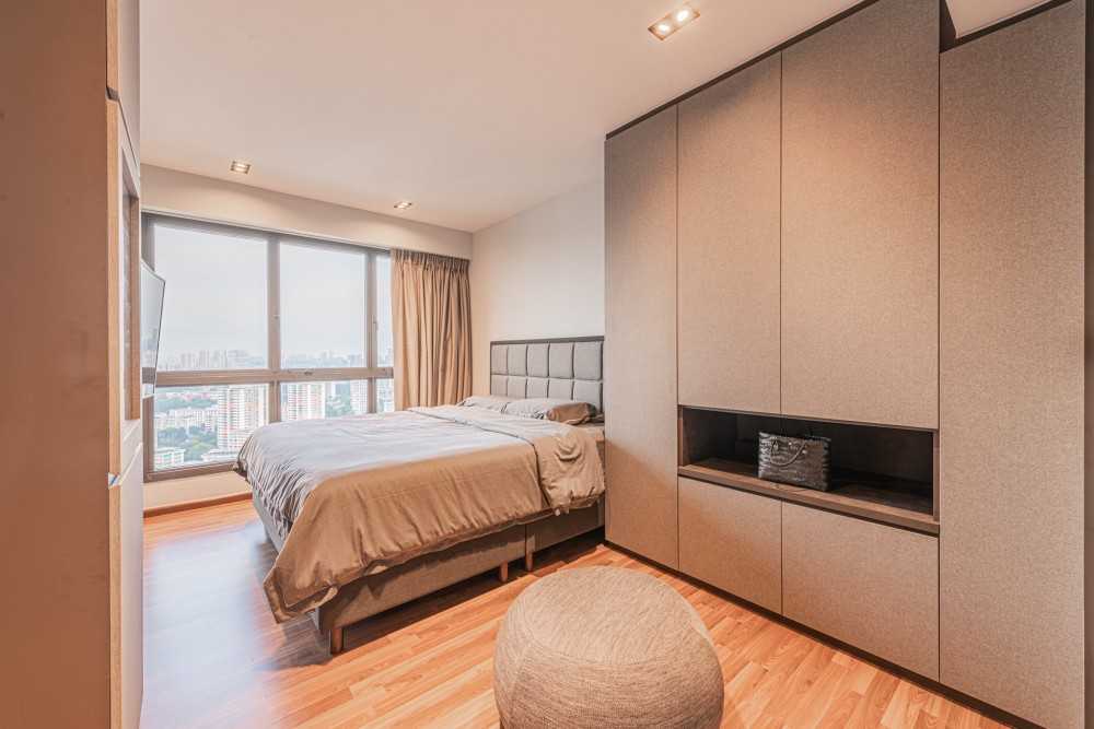 Contemporary Bedroom with Bookshelf and Platform Bed