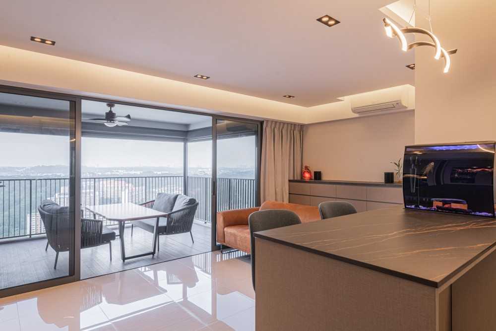 Contemporary Living Room with Homogeneous Tiles and Feature Wall