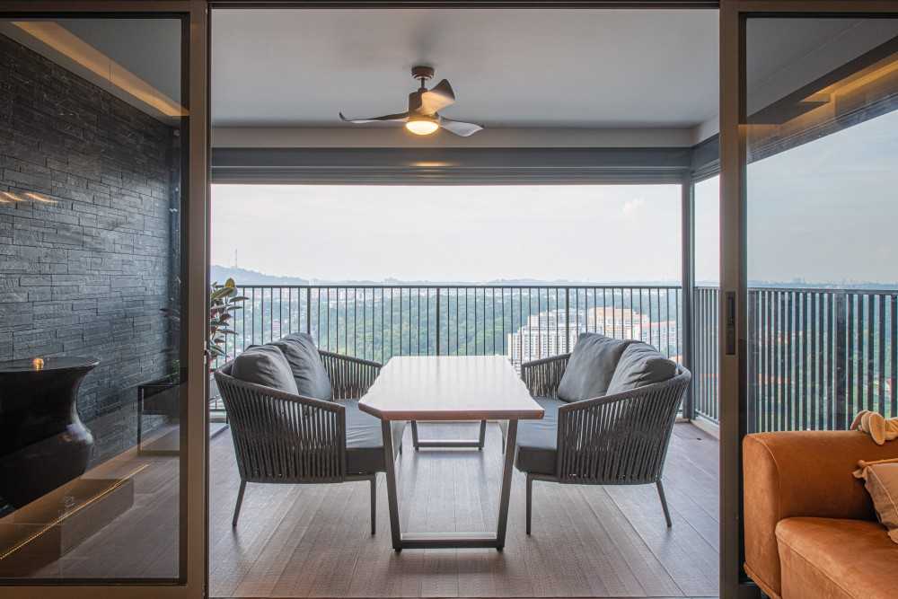 Contemporary Balcony with Curtain and Outdoor Chairs