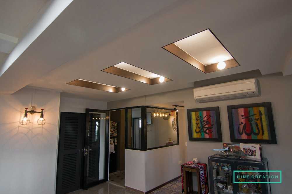 Asian Living Room with Homogeneous Tiles and Cove Lighting