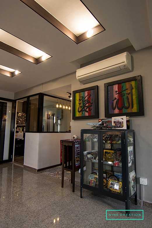Asian Living Room with Homogeneous Tiles and Drop Ceiling