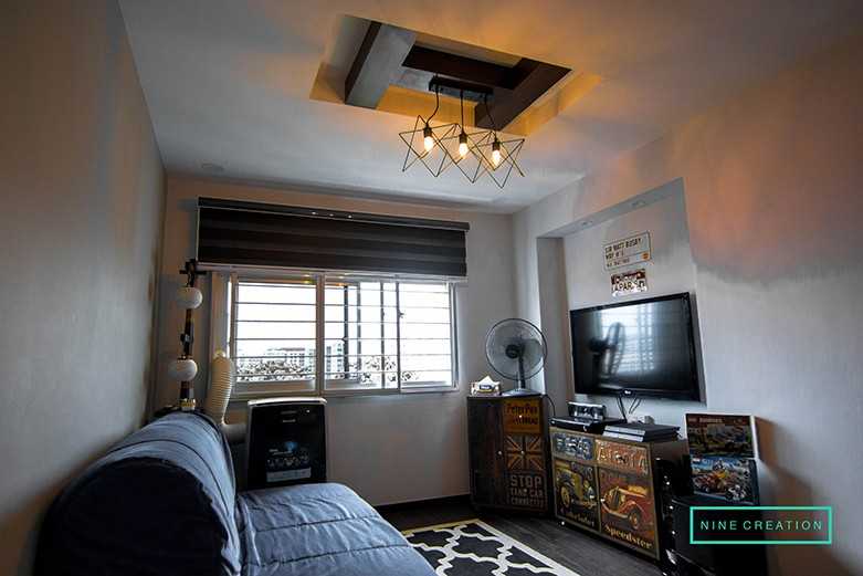 Asian Living Room with Drop Light and Drop Ceiling
