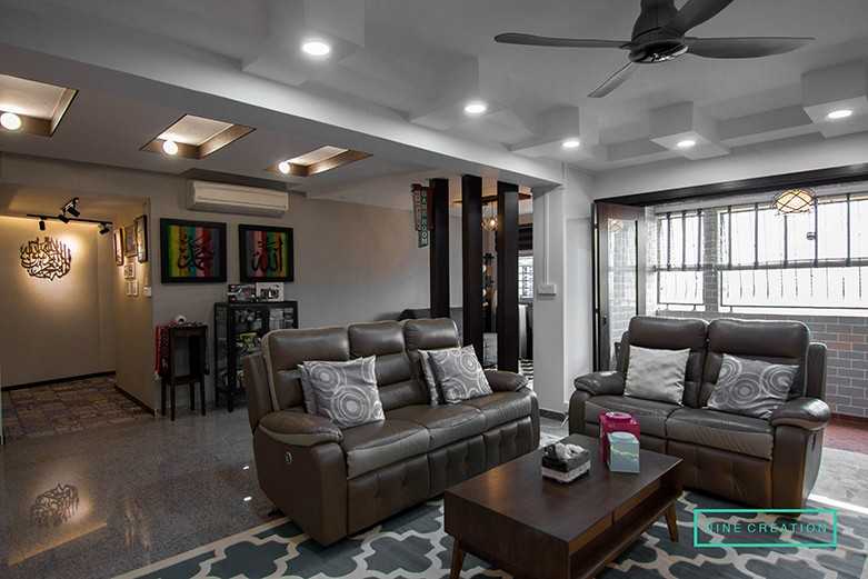 Asian Living Room with Homogeneous Tiles and Drop Light