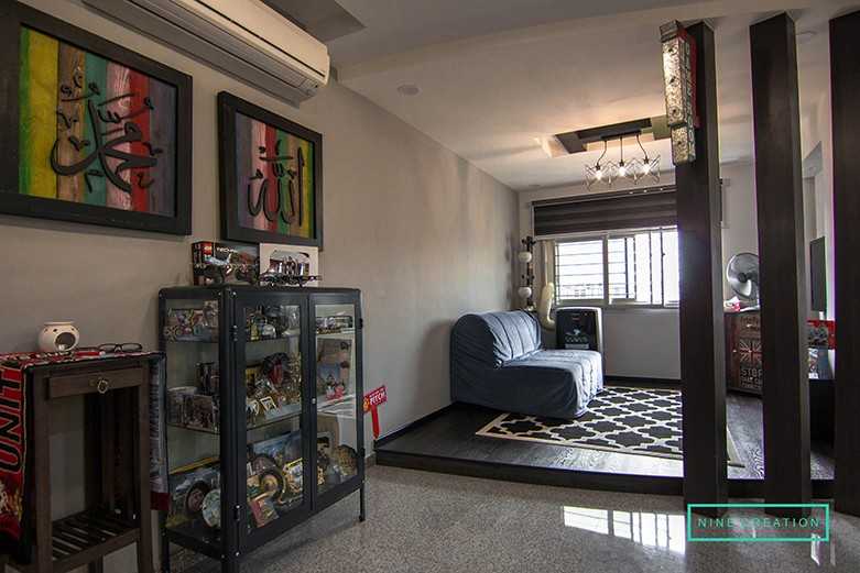 Asian Living Room with Vinyl Flooring and TV Console