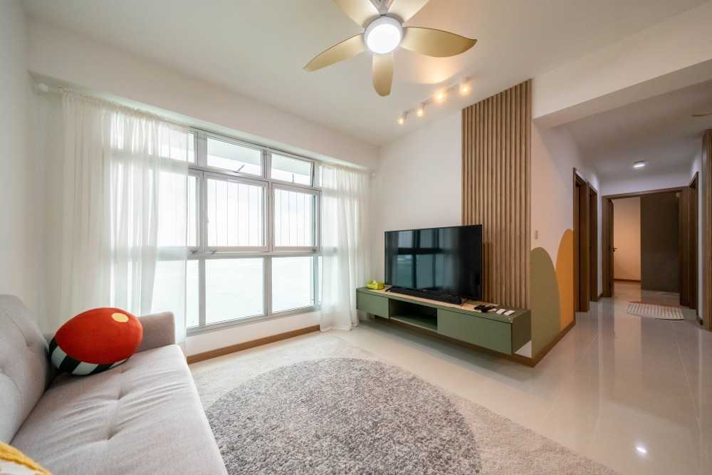 Modern Living Room with Homogeneous Tiles and TV Console
