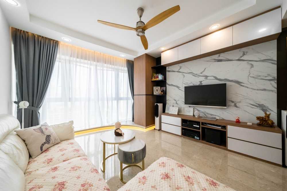 Modern Living Room with Homogeneous Tiles and TV Console
