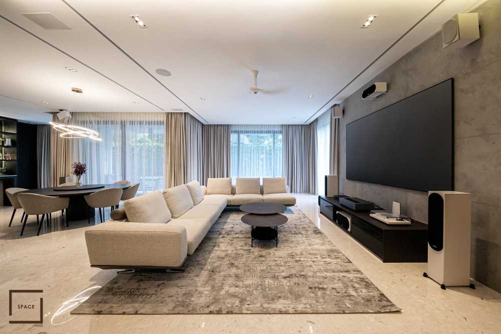 Contemporary Living Room with Marble Floor and TV Console