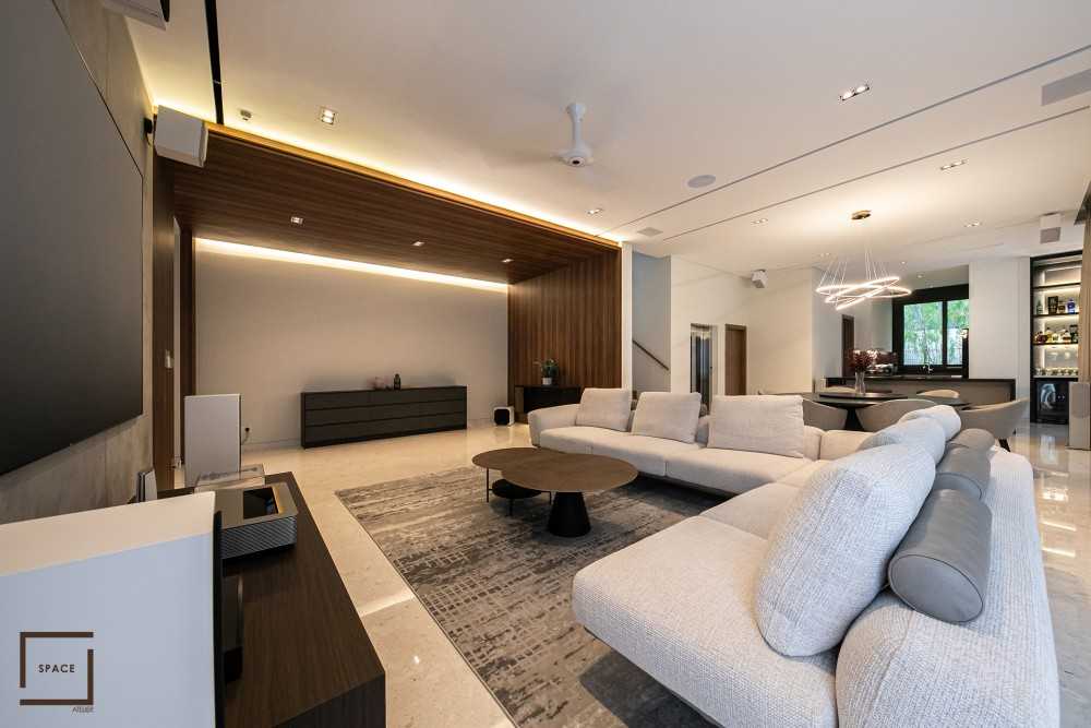 Contemporary Living Room with TV Console and Carpet