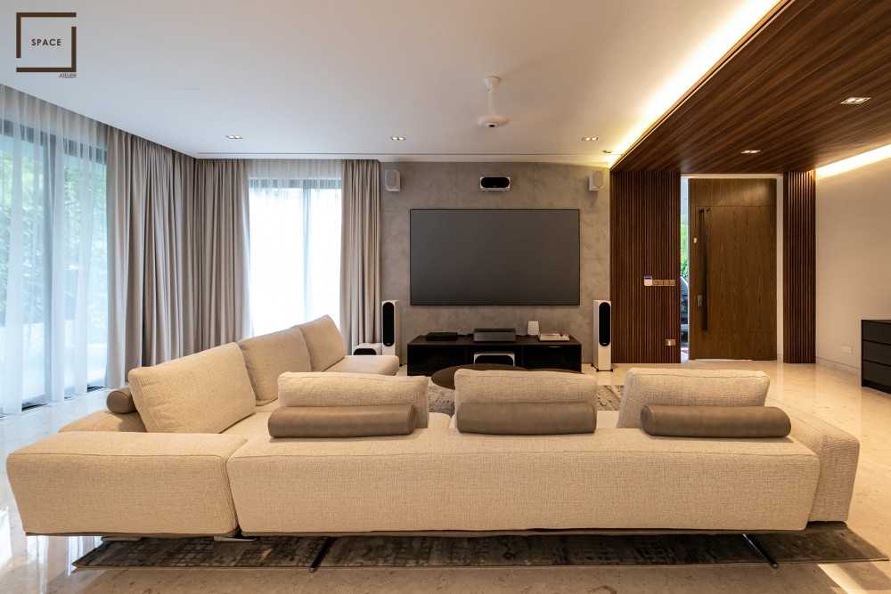 Contemporary Living Room with TV Console and Drop Light