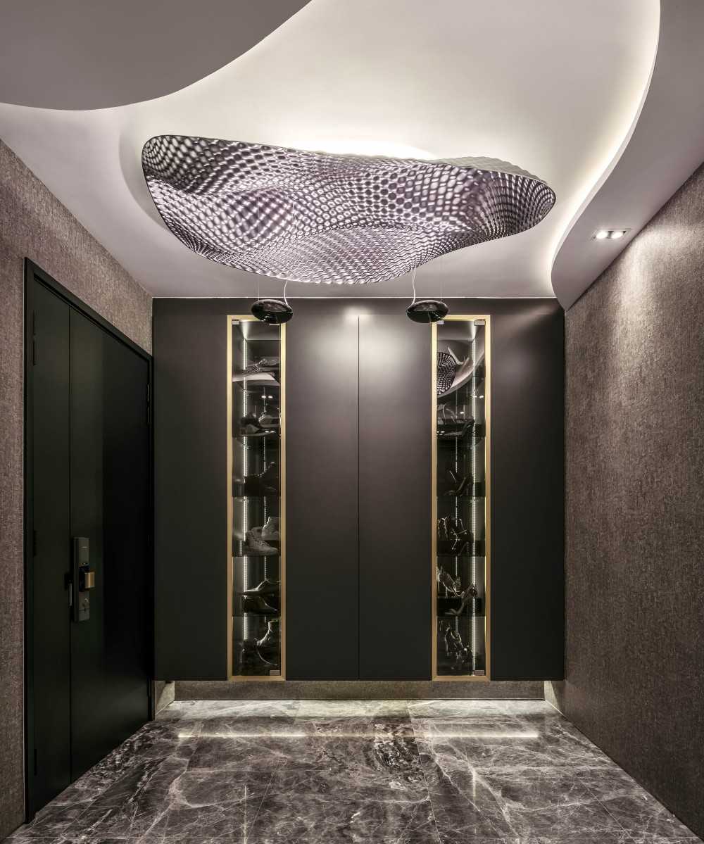 Modern Entryway with Marble Floor and Shoe Cabinets