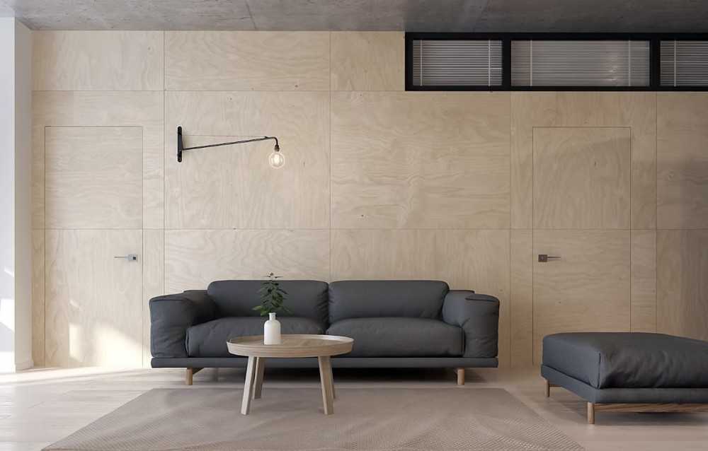 Industrial Living Room with Kitchen Window and Sofa