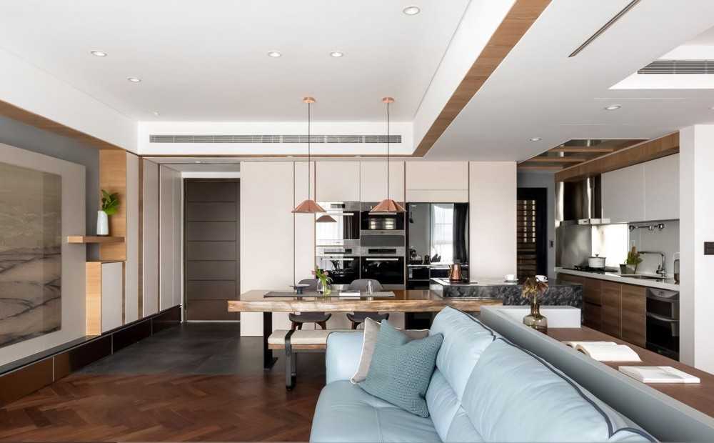 Modern Dining Room with Wood Flooring and TV Console