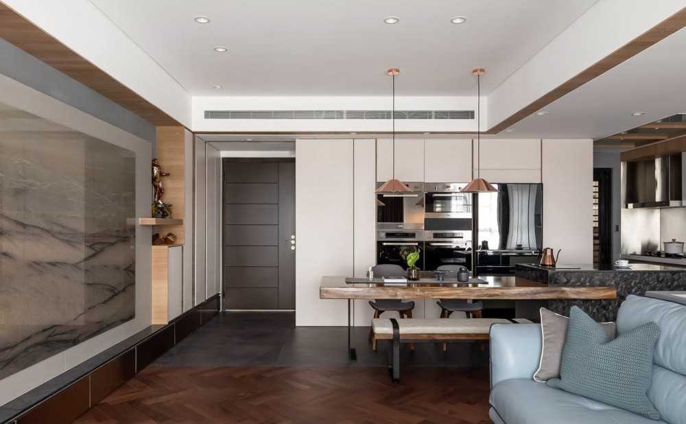 Modern Living Room with Feature Wall and Bar Counter
