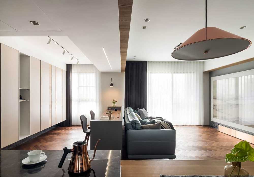 Modern Living Room with Parquet Floor and TV Console