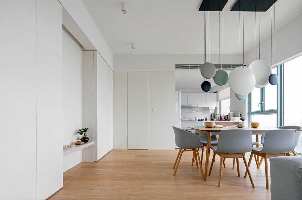 Scandinavian Living Room with Kitchen Island and Sofa