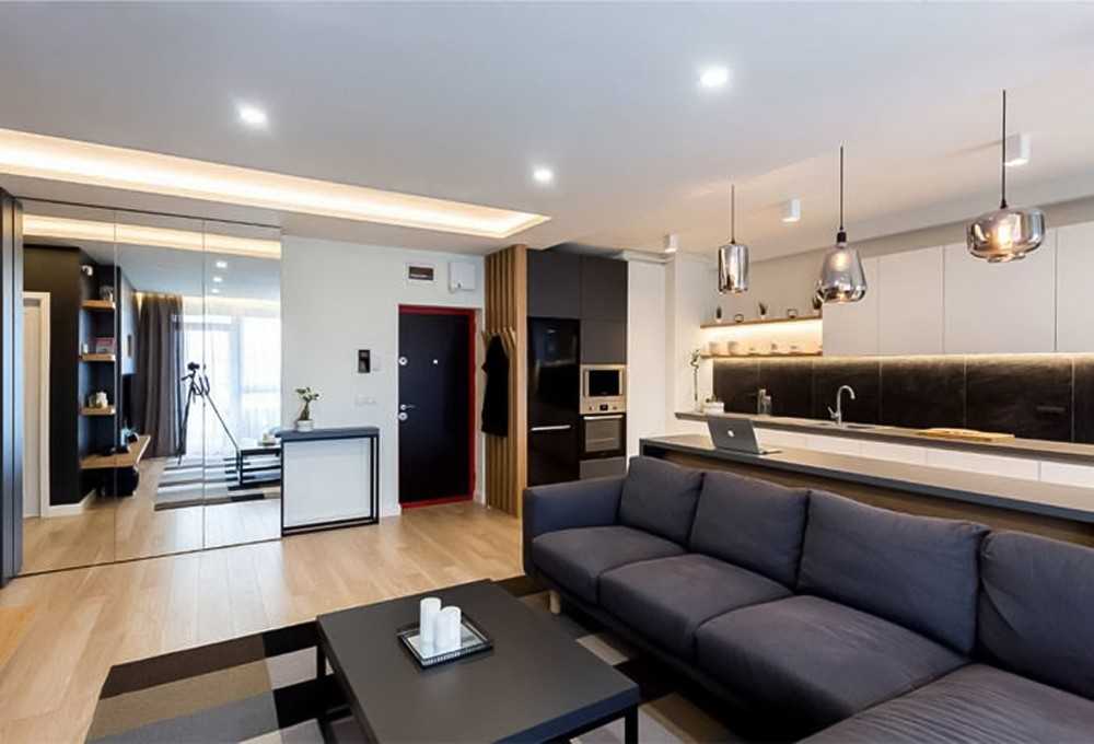Contemporary Living Room with TV Console and Mirror
