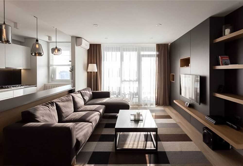 Contemporary Living Room with Kitchen Island and Sofa