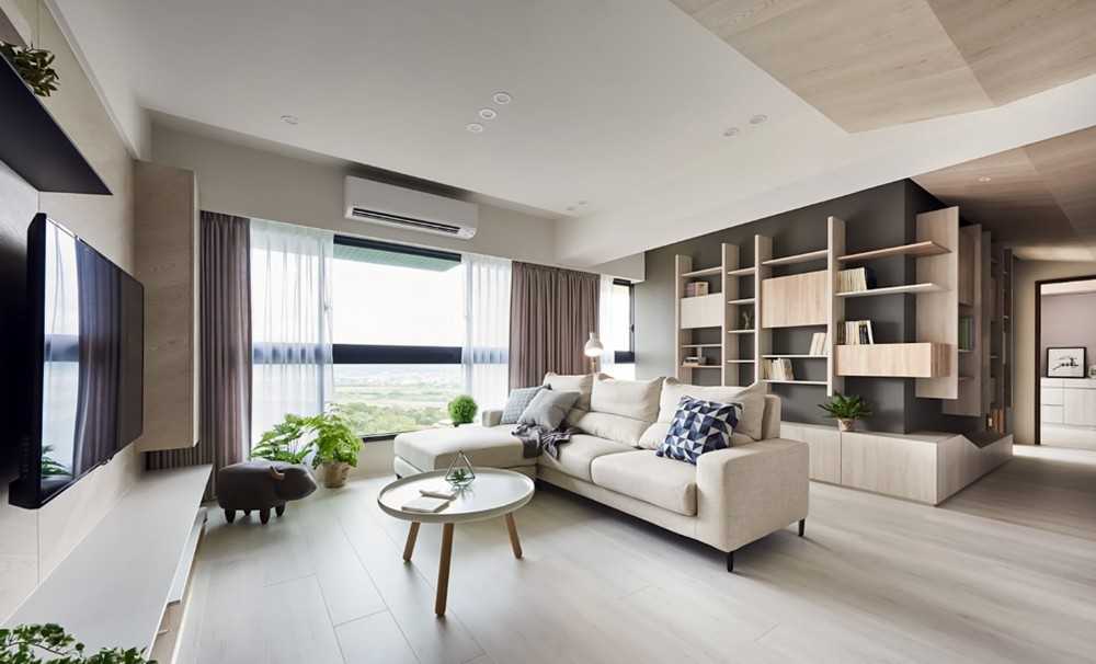 Contemporary Living Room with Cement Floor and Roller Blinds